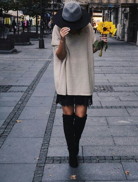 a chic way to style a lace dress when it's cold out - put a loose-fitting, long sweater over the top! Finish with high boots. Sweater Over Dress, Winter Dress Outfits, Short Lace Dress, Long Sweater, It's Cold, Over The Top, Mode Inspiration, Fall Winter Outfits, Long Sweaters