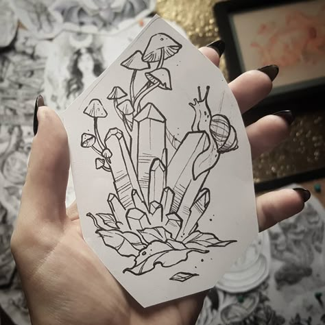 Zsofia Simon on Instagram: “Small sketch #crystal #crystals #magic #forest #snail  #nature #naturetattoo #littlewonders #mushrooms #shrooms #witchy #witchytattoo…” Magical Mushroom Tattoo, Crystal Snail Tattoo, Mushroom Crystal Drawing, Mushrooms And Crystals Drawing, Witchy Forest Tattoo, Mushroom And Crystal Drawing, Crystal Mushroom Tattoo, Witchy Mushroom Tattoo, Gothic Mushroom Tattoo