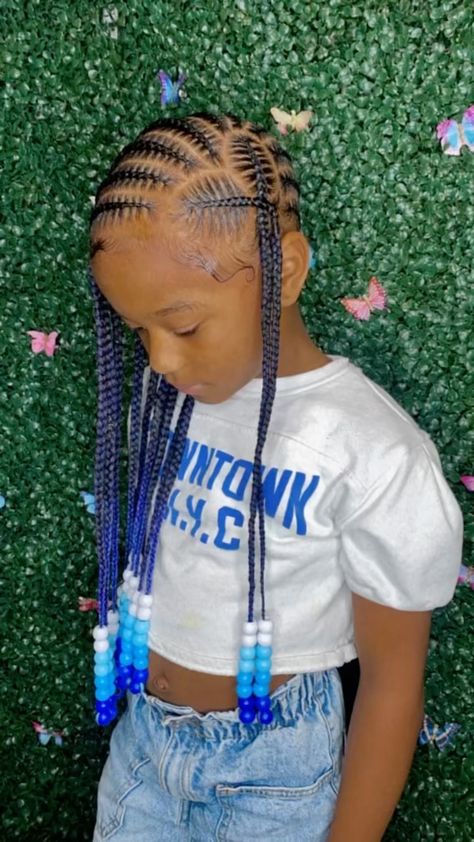 Jamie’s Instagram profile post: “Ms. Avaya i just love her 💙 #houstonfeedinbraids #houstonbraider #houstonbraidstylist #houstonbraids #houstonbraiderz #prettybraids…” Blue Braids For Kids, Little Kids Braided Hairstyles Black, Cornrow Hairstyles For School, Baby Girl Hairstyle, Braid Hairstyles For Kids, Black Kids Braids, Kids Braids Hairstyles, Baby Girl Hairstyles Curly, Daughter Hairstyles