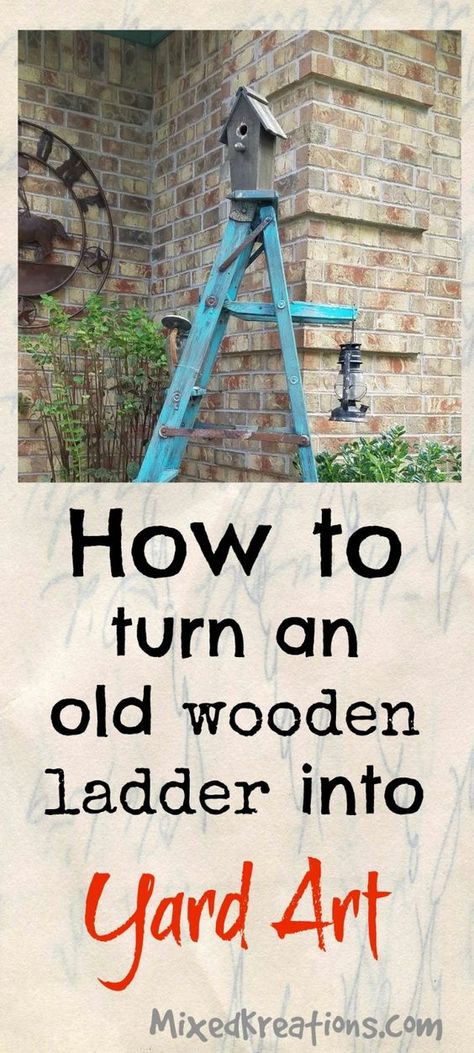 Wooden Ladder Upcycle, Old Wooden Step Ladder Ideas, Wooden Ladder Garden Ideas, Decorating With Old Ladders, Old Ladders In The Garden, Wooden Yard Art Diy, Old Ladder Ideas For Outside, Ladder In Garden, Outdoor Ladder Decor