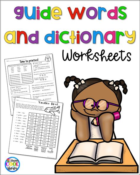 Dictionary and guide words activities and worksheets to teach and review these important skills. Can use with second, third or fourth grades in an ELA english language arts class or in a school library. Useful for small groups or literacy centers. #stayingcoolinthelibrary #dictionaryskills Words Activities, Dictionary Skills, Library Lesson Plans, Picture Book Activities, Word Skills, Library Media Specialist, Guide Words, Literature Activities, Library Skills