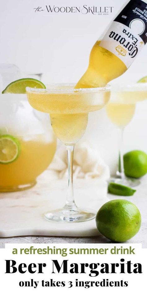 Beer Margaritas Recipe - quick & easy! It only takes 3 ingredients and about 5 minutes to make a perfect beer margarita (also known as a coronarita)! They are light & refreshing and perfect for all of those hot summer days! We present you with the drink of the summer!! Some people might call it a beergarita, beerita, or coronarita… doesn’t really matter what you call it as long as you are enjoying it over ice on a hot summer day! Margarita Recipes With Beer, Coronarita Recipe Beer Margaritas, Beer Margaritas With Limeade, Beeritas Beer Margaritas, Margherita Drink, Beerita Recipe, Coronarita Recipe, Beergarita Recipe, Common Cocktails