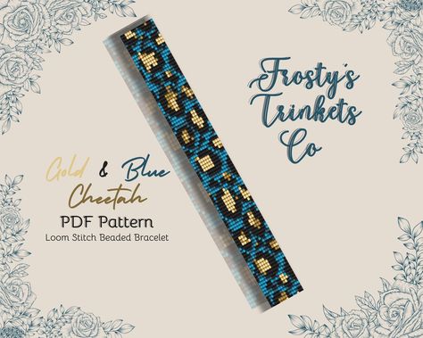 Gold & blue Cheetah leopard print bead loom bracelet pattern Cowboy Pattern, Blue Cheetah Print, Bead Loom Pattern, Loom Bracelet Patterns, Leopard Skin, Loom Pattern, Bead Loom Bracelets, Gold And Blue, Beaded Bracelet Patterns