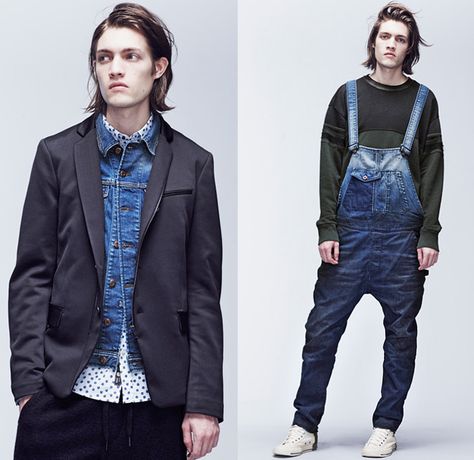 Diesel 2014 Spring Summer Mens Preview Lookbook Collection - Vintage Denim Jeans Collarless Jacket Ombre Fade Coated Waxed Blazer One Piece ... Men Overall, Overalls Men, Denim Jeans Fashion, Collarless Jacket, Vintage Denim Jeans, Summer Mens, Moda Jeans, Designer Denim, Creative Things