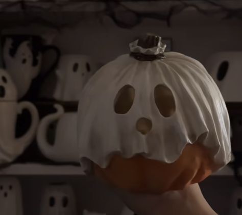 Pottery Pumpkins Ideas, Fake Pumpkin Decorating, Pumpkin Painting Ideas Ghost, Fake Pumpkin Decorating Ideas, Pumpkin Clay, Tjmaxx Finds, Fake Pumpkins, Halloween Inspo, Ghost Pumpkin