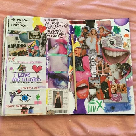 Gen Z Scrapbook, Clueless Art, Scrapbook Inspo, Journal Therapy, Cool Journals, Collage Book, Summer Scrapbook, Scrapbook Book, Art Journal Therapy