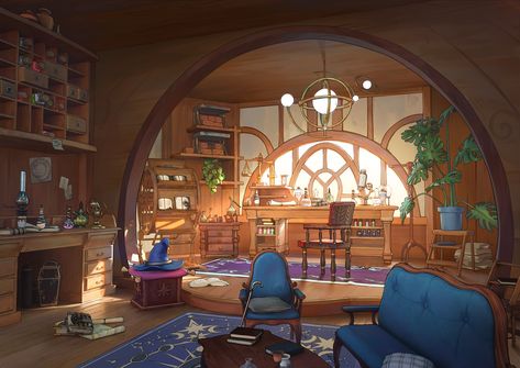 ArtStation - Magic Cabin , YI XU Fantasy Cabin, Interior Concept Art, Episode Backgrounds, Fantasy Rooms, Fairy Home, Concept Art Tutorial, Location Inspiration, Cafe Art, Fantasy Places