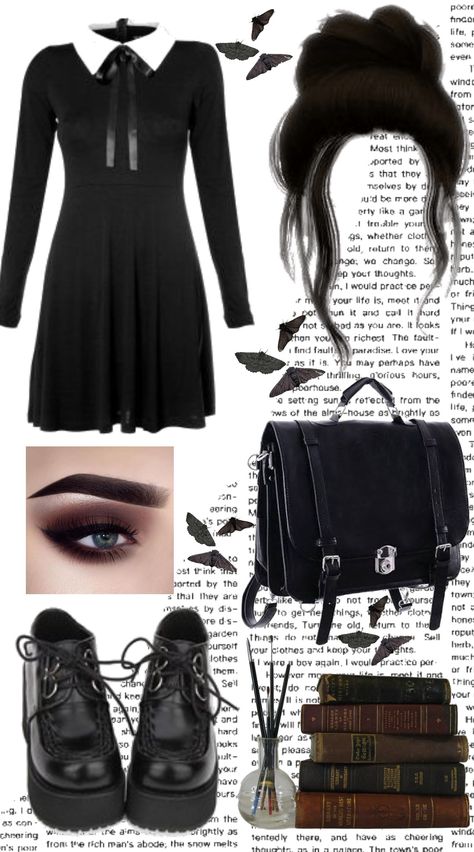 Gothic Acedamia Fashion, Gothic Nerd Aesthetic, Gothic Office Outfits Women, Gothic Academia Aesthetic Outfits, Dark Academia Goth Fashion, Library Goth Outfit, Dark Academia Goth Aesthetic, Black Dark Academia Outfits, Dark Academia Black