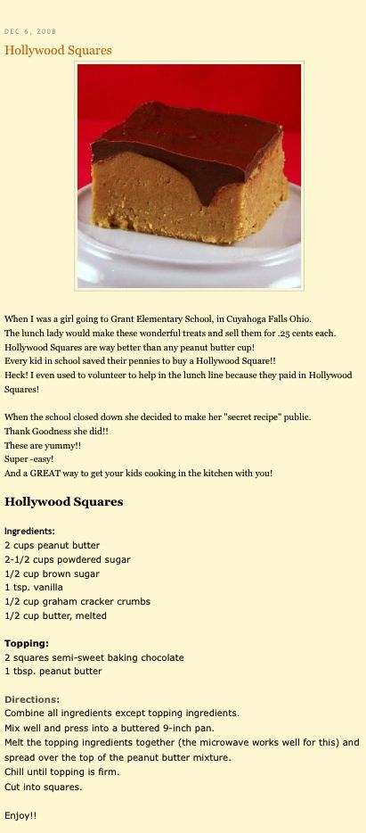 Ohio Lunch Lady Hollywood Squares ( Double Recipe For 9 x 13 Pan ) Lunch Lady Desserts, Hollywood Squares Recipe, Lunch Lady Recipes, Thanksgiving Food List, Work Treats, Favorite Deserts, Butter Squares, Double Recipe, Hollywood Squares