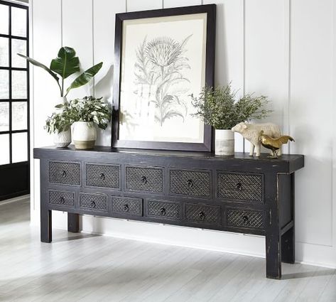 Console Tables, Sofa Tables & Entryway Tables | Pottery Barn Mid Century Media Console, Painted Fox Home, Reclaimed Wood Console Table, Long Console, Dining Room Console, Long Console Table, Table Entryway, Black Console Table, Console Table Decorating