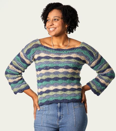 How To Make Wave Stitch Crochet Sweater Online | JOANN Wave Stitch Crochet Top, Crochet Wave Sweater, Crochet Ripple Sweater, Wave Stitch Crochet, Crochet Wave Stitch, Crochet Jersey, Wave Stitch, Crochet Cluster Stitch, Wave Sweater