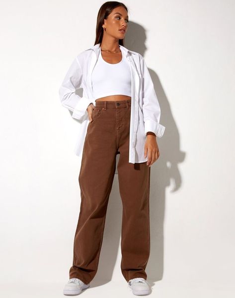 Update your denim collection with our y2k Jeans! Featuring a 90's wide leg jean, high waist, zip fly fastening and pockets. in a rich brown. Complete with a basic crop for a simple but stylish look. Brown Jeans Style, Basic But Stylish Outfits, Brown Wide Leg Jeans Outfit Aesthetic, Dark Brown Wide Leg Pants Outfit, Wide Brown Pants, Wide Leg Brown Jeans, Brown Wide Leg Pants Outfit Casual, Outfit With Brown Jeans, Wide Length Jeans Outfits