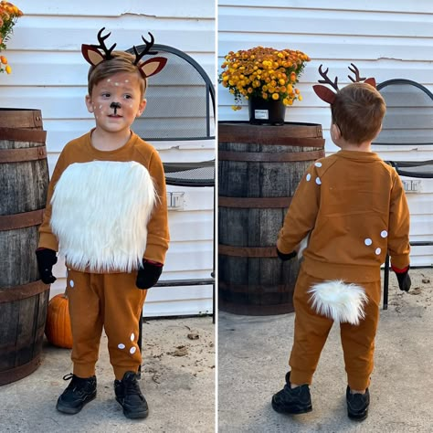 Toddler Deer Costume Boy, Kids Deer Costume Diy, How To Make Deer Antlers For A Costume, Rudolph Diy Costume, Diy Deer Tail For Costume, Rudolf Costume Diy, Rudolph Costume Diy, Reindeer Outfit For Kids, Diy Rudolph Costume For Kids