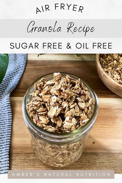 Air fryer granola clusters in a glass mason jar on a wood chopping board. Low Sugar Granola Recipe, Air Fryer Granola, Coconut Oil Granola, Low Sugar Granola, Granola Ingredients, Granola Clusters, Granola Recipe, Processed Sugar, Healthy Blood Sugar Levels