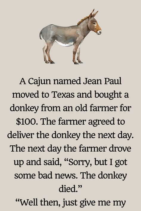 A Cajun named Jean Paul moved to Texas and bought a donkey from an old farmer for $100. The farmer agreed to deliver the donkey the next day. The next day the… Cajun Names, Funny Donkey Pictures, Donkey Images, Mini Donkeys, Donkey Funny, Old Farmer, Baby Donkey, Mini Donkey, Miniature Donkey