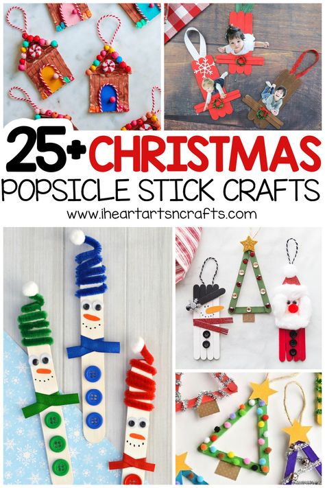 Popsicle Stick Picture Frame For Kids Christmas, Kids Holiday Crafts Easy, Kids Christmas Crafts Popsicle Sticks, Popsicle Stick Christmas Decorations, Toddler Christmas Crafts Popsicle Sticks, Popsicle Stick Family, Popsicle Stick Snowman Ornament, Elf Popsicle Stick Craft, Popsicle Stick Holiday Crafts