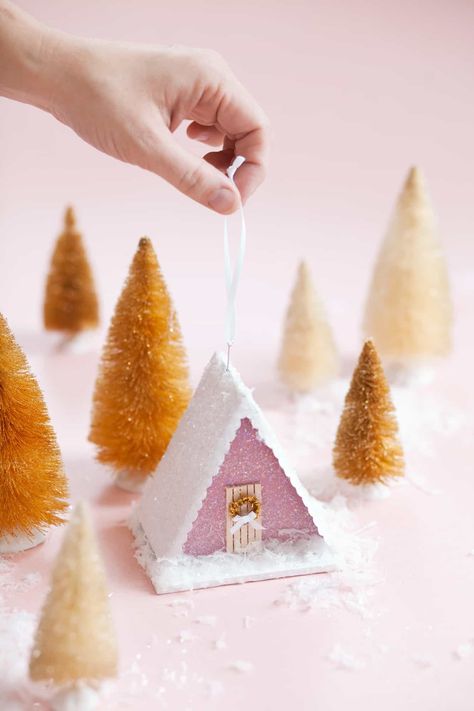 A-Frame Putz House Ornament Putz House, Homemade Ornaments, Glitter Houses, Putz Houses, Easy Christmas Crafts, Small Houses, Diy Holiday Decor, House Ornaments, Holiday Diy