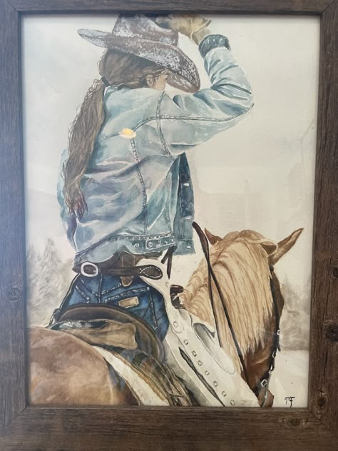 Cowgirl And Horse Drawing, Rodeo Art Ideas, Rodeo Painting, Western Watercolor Paintings, Cowgirl Watercolor, Cowgirl Artwork, Cowgirl Painting, Western Drawings, Western Watercolor