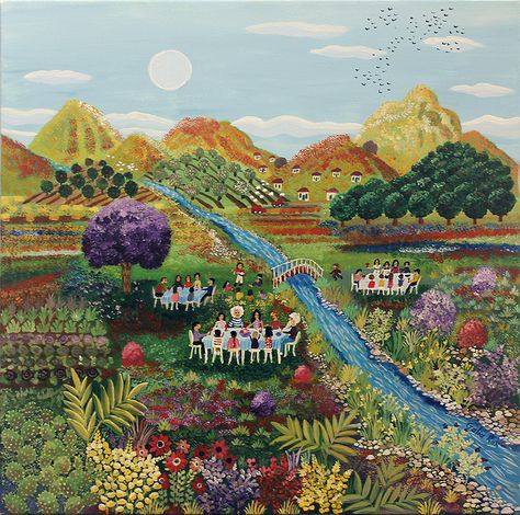 Land Of Milk And Honey, Naïve Artist, Naive Painting, Arte Folk, Almond Tree, Greece Holiday, City Vacation, Cypress Trees, Naive Art