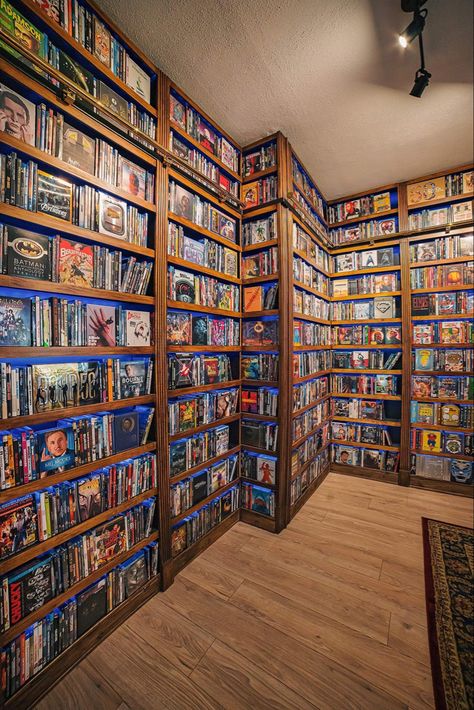 Movie Library Room, Movie Library, Physical Media Collection, Movie Collection Display Aesthetic, Dvd Collection Display, Movie Collection Shelf, Horror Movie Collection Room, Movie Storage, 90s 2000s Aesthetic