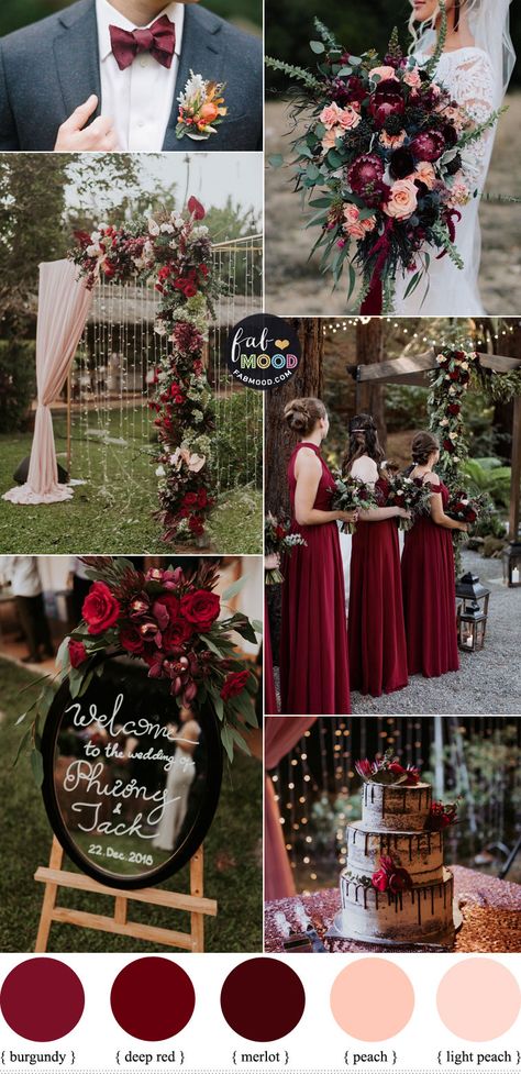 Fall Wedding Maroon And Gold, Peach Burgundy Wedding Color Schemes, Red Wedding Colour Schemes, Ruby Red Wedding Theme Color Schemes, Red Peach And Green Wedding, Crimson Fall Wedding, Wedding Ideas Maroon And Gold, Shades Of Red Wedding Colour Palettes, Dark Colour Wedding Theme