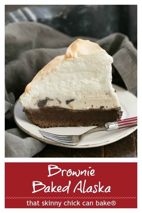 Brownie Baked Alaska - An exquisite, elegant dessert with a fudgy brownie base, ice cream center and billowy toasted meringue topping! #bakedalaska #icecreamdessert #brownies #fudgy #meringue #frozendessert #thatskinnychickcanbake Brownie Baked Alaska Recipe, Alaska Cake, Baked Alaska Recipe, Alaska Life, Brownies Fudgy, Toasted Meringue, Meringue Topping, Homemade Brownie, Chicke Recipes