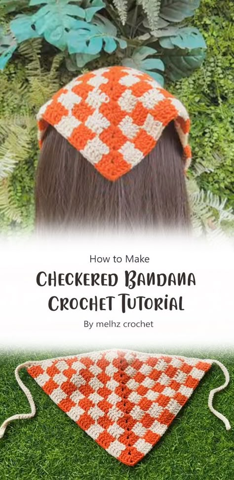 Crochet Size 1 Yarn, Checkered Bandana Crochet, Free Crochet Patterns Bandana, Crochet Checkered Headband, Crochet Strawberry Bandana Pattern Free, Crochet For Festivals, Easy Bandana Crochet, Crochet Granny Bandana, Strawberry Bandana Crochet Pattern