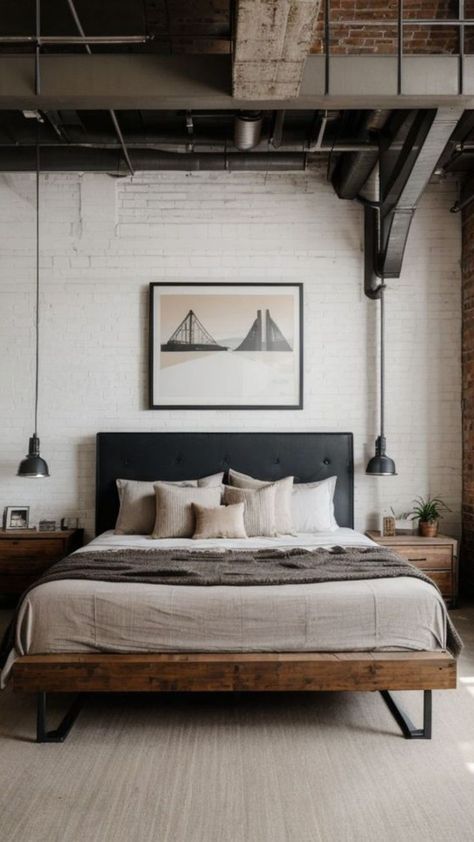 Industrial Scandinavian Bedroom, Industrial Vintage Bedroom, Urban Rustic Bedroom, Modern Industrial Bedroom Master Suite, Industrial Room Design Bedroom, Industrial Guest Bedroom, Modern Industrial Bedroom Ideas, Industrial Scandinavian Interior, Urban Modern Bedroom