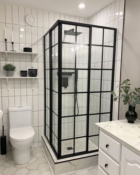 DreamLine Shower Doors on Instagram: “The DreamLine French Corner shower enclosure in satin black sets the tone for an upscale farmhouse design! Simple luxury is what comes to…” Dreamline French Corner, Batman Bathroom, Glass Corner Shower, Modern Industrial Bathroom, Dreamline Shower Door, Dreamline Shower, Shower Door Designs, Corner Shower Enclosures, Black Window