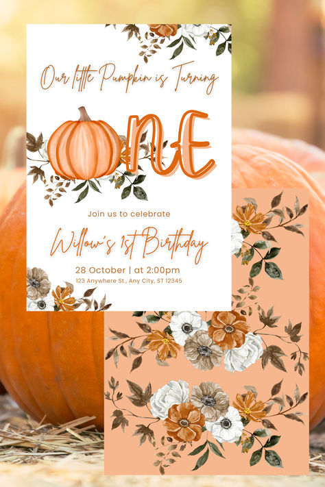 Sweet Little Pumpkin Birthday Party Invitation Editable for Digital download and Print.  Visit my etsy page to download! Girl First Birthday Party Ideas Fall, October 1st Birthday Girl, Fall Birthday Party Ideas For Women, Fall First Birthday Girl, 2nd Birthday Invite, Fall First Birthday, Birthday Invite Template, Pumpkin Birthday Parties, Autumn Birthday