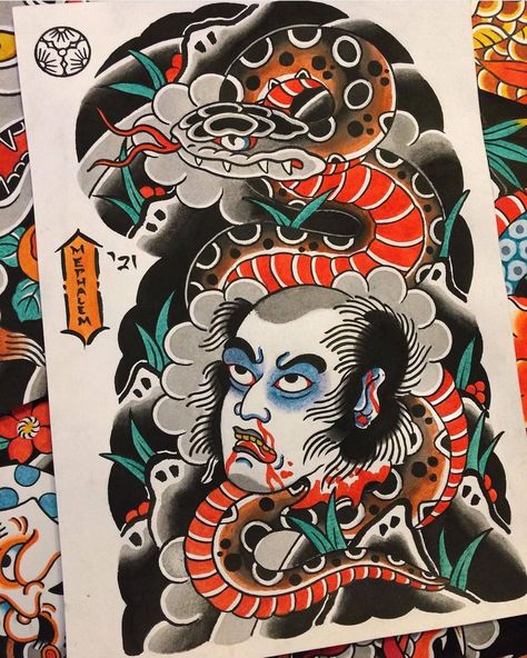 Japanese Snake Sleeve, Namakubi Tattoo Traditional, Namakubi Tattoo Design, Hebi Tattoo, Japanese Wave Tattoos, Traditional Tattoo Flash Sheets, Japanese Koi Fish Tattoo, Japanese Snake Tattoo, Oni Tattoo