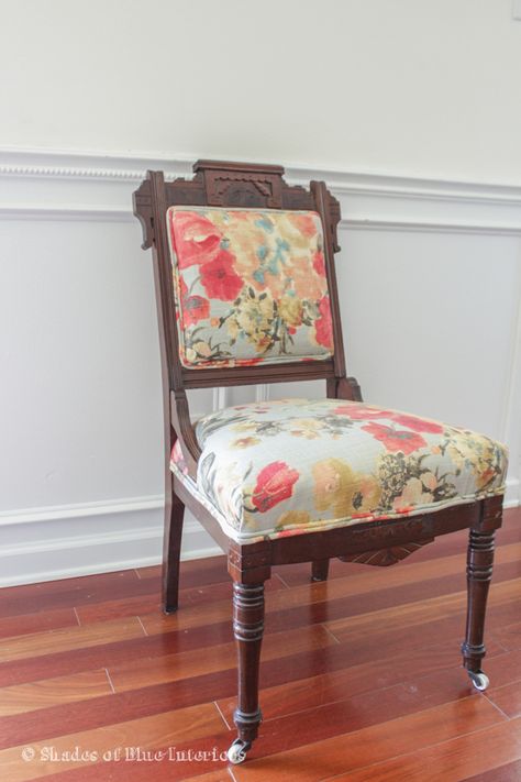 Garden Odyssey Fog-3 Modern Fabric On Antique Chair, Apolstered Chairs, Victorian Chairs Reupholstered, Antique Chairs Makeover, Eastlake Chair Makeover, Reupholster Victorian Chair, Antique Large Chairreupholstered Fabric, Eastlake Furniture, Refinishing Furniture Diy