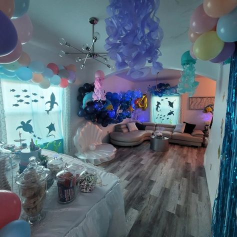 Indoor Under The Sea Party, Turning Three Under The Sea, Under The Sea Sleepover, Mermaid Under The Sea Birthday Party, Under The Sea Slumber Party, Under The Sea Party Decor, Under The Sea Party Games, Mermaid Sleepover Party, Underwater Birthday Party