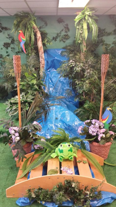 Waterfall Decoration, Weird Animals Vbs, Vbs Decorations, Rainforest Theme, Jungle Decorations, Jungle Cruise, Vbs Themes, Indoor Waterfall, Dinosaur Theme Party