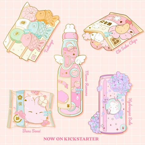 Kickstarter pins, Ramune, Sakura Chips, Taiyaki and Dango, Hydrangea Soda! Bubble Tea Menu, Cute Enamel Pins, Japanese Treats, Sticker Design Inspiration, Enamel Pin Collection, Adult Coloring Designs, Object Drawing, Digital Art Beginner, Cute Food Drawings