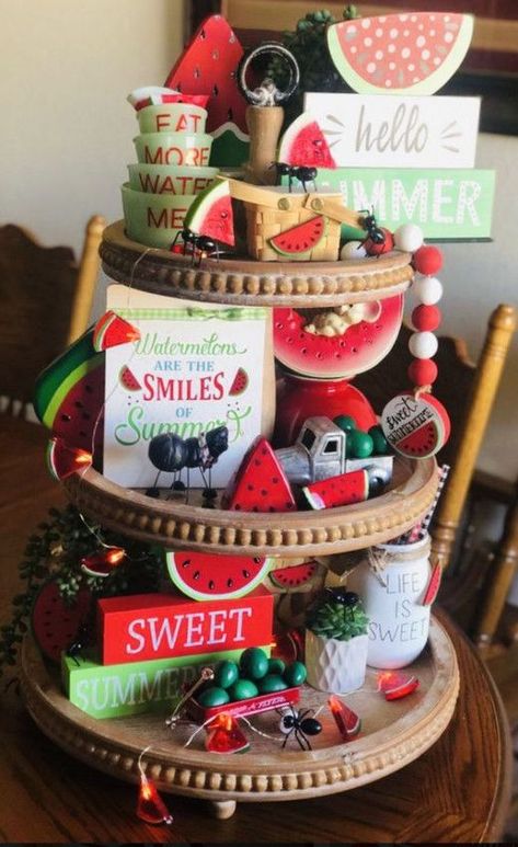 45+ Summer Themed Tiered Trays To Refresh Your Home Decor | HubPages Watermelon Crafts, Summertime Decor, Watermelon Decor, Tiered Tray Diy, Watermelon Party, Kitchen Table Decor, Tray Display, Tiered Stand, Summer Watermelon