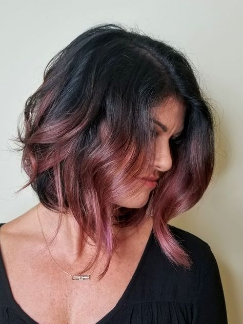 Bayalage Brunette Pink, Dark Brown Hair Rose Gold Highlights, Mushroom Mulberry Hair Color, Mauve Balayage Brunettes, Mauve Highlights In Brown Hair, Smokey Mauve Hair Color, Dark Hair With Pink Balayage, Rose Gold Balayage Brunettes Dark Short Hair, Mauve Hair Balayage