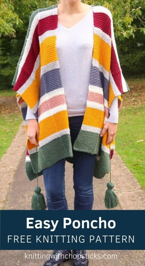 This free poncho knitting pattern features trendy stripes and an oversized tassel belt. You'll look great on the outside, and feel like you're cozied up in a blanket on the inside. Made of two rectangles sewn together, it's perfect for knitters looking to get into garment-making. My free step-by-step tutorial will walk you through this knit poncho pattern. #knitponcho #ponchopattern #knittingpattern #freepattern Knitted Poncho Patterns Free, Knit Poncho Pattern, Easy Poncho Knitting Pattern, Ruana Pattern, Winter Knitting Patterns, Poncho Knitting, Knit Poncho Sweater, Winter Knitting, Poncho Knitting Patterns