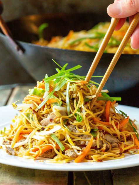 Cantonese Pan Fried Noodles (Pork Lo Mein) - Our pan fried noodles AKA pork lo mein recipe is savory, slightly spicy, and packed with flavor. Made with fresh veggies and stir fried pork, it's a light and healthy dish that's easy to make in only 30 minutes! #cantonesenoodles #panfriednoodles #lomein #porklomein #aspicyperspective Pasta Entrees, Fried Noodles Recipe, Pan Fried Noodles, Thanksgiving Side Dishes Healthy, Miracle Noodles, Lo Mein Recipes, Shirataki Noodles, Chinese Vegetables, A Spicy Perspective