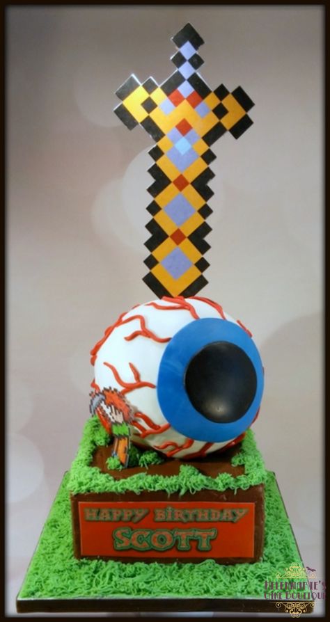 Terraria cake with the Eye of Cthulu and Excalibur Terraria Birthday Cake, Terraria Cake, Terraria Art, Terraria Party, Keto Bakery, Cake Boutique, Cartoon Cake, Birthday Boys, Bakery Ideas