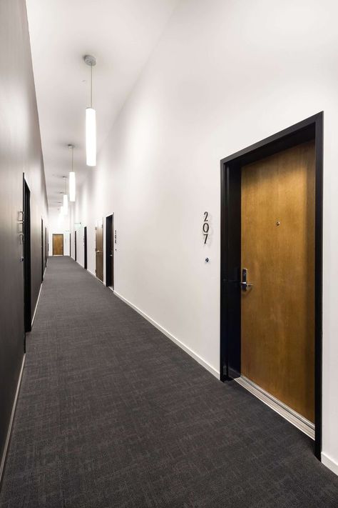 Apartment Corridor Design, Apartment Entrance Lobby, Apartment Lobby Design, Apartment Building Hallway, Hotel Doors Design, Apartment Corridor, The Line Apartment, Hollywood Apartment, Hallway Decoration