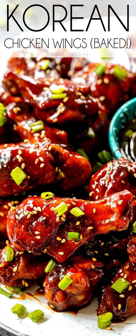 BAKED Korean Chicken Wings (How to Make ahead, Freeze, Tips, Tricks) Korean Gochujang Chicken Wings, Asian Chicken Wing Recipes, Gochujang Wings Recipe, Chicken Wings Aesthetic, Sticky Bbq Chicken Wings, Korean Chicken Recipes, Chicken Wings Marinade, Gochujang Chicken Wings, Wings Marinade