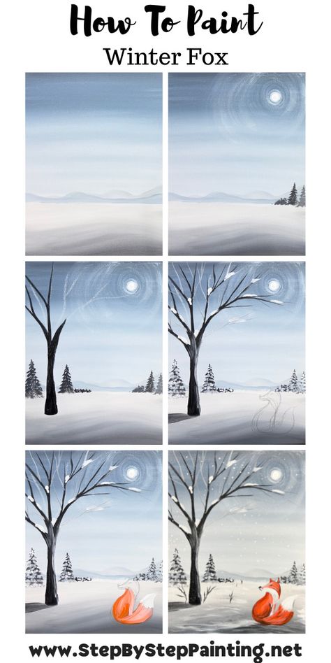 How To Paint Step By Step Acrylic, Winter Step By Step Painting, How To Paint A Winter Scene, Easy Winter Scenes To Paint, Snow Painting Easy, Winter Sky Painting, How To Paint Winter Scene, Snow Painting Acrylic Winter Scenes Easy, Winter Acrylic Paintings Step By Step