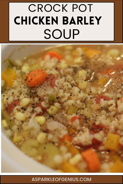 Dive into a bowl of our Crock Pot Chicken Barley Soup, brimming with tender chicken, wholesome barley, and an abundance of fresh vegetables. Slow-cooked to capture every flavor, it's the perfect nourishing meal for any season. #CrockPotRecipes #VeggiePackedSoup #ChickenBarleySoup #HealthyComfortFood Crock Pot Barley Soup, Chicken Barley Soup Recipe Crock Pot, Slow Cooker Chicken Barley Soup, Crockpot Chicken Barley Soup, Barley Crockpot Recipes, Chicken Barley Soup Crockpot, Chicken And Barley Recipes, Chicken Barley Soup Recipe, Chicken And Barley Soup