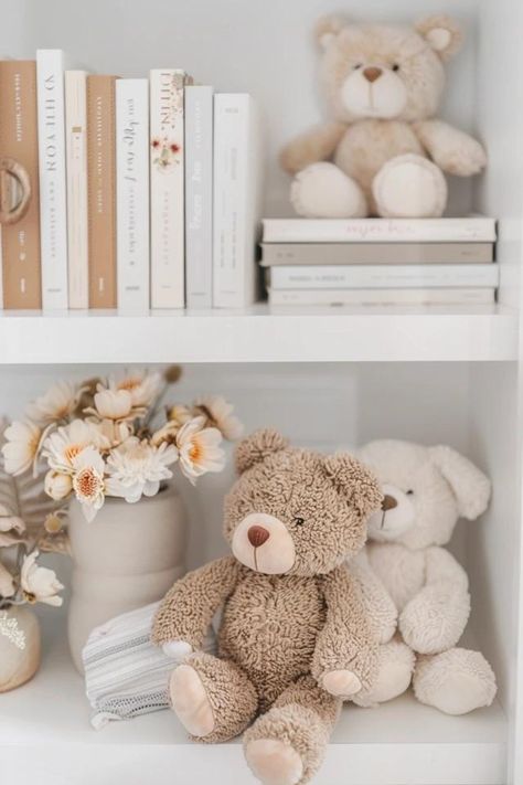 Chic Shelf Ideas for Nursery Storage &amp; Decor Diy Nursery Shelf, Nursery Bookshelf Decor, Teddy Bear Display, Teddy Storage, Nursery Wall Shelf, Baby Shelves, Nursery Shelf Decor, Nursery Book, Nursery Bookshelf