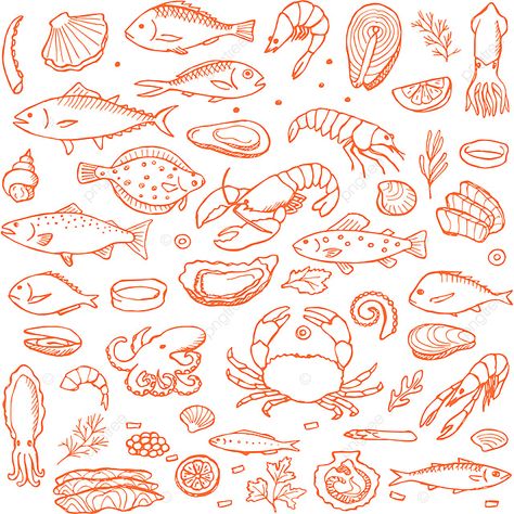 Cartoon Seafood Food Seamless Background Vector Illustration Seafood Embroidery, Seafood Doodle, Seafood Wallpaper, Food Pattern Wallpaper, Food Pattern Illustration, Seafood Painting, Seafood Background, Seafood Illustration, Seafood Design