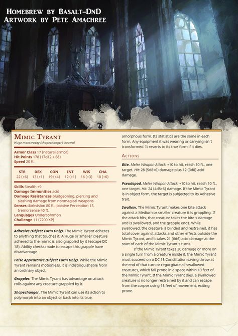 Mimic Tyrant Homebrew Mimic Dnd Stats, D&d Mimic, Dnd Monstrosity, Mimic Dnd, Homebrew Monsters, Dungeons And Dragons Rules, Dnd Monster, Dnd Stats, Dnd Campaign