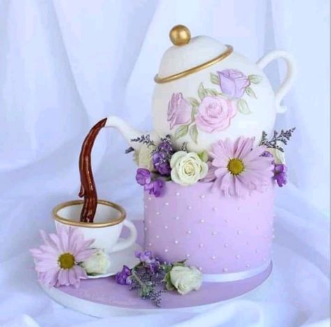 Teapot Cakes Birthday, Tea Pot Cake Pops, Tea Cup Cakes Design, Vintage Tea Party Cake Ideas, Cup Of Tea Cake, Tea Party Themed Birthday Cake, Tea Pot Birthday Cake, Cup Of Tea Cake Design, Garden Tea Party Cake Ideas