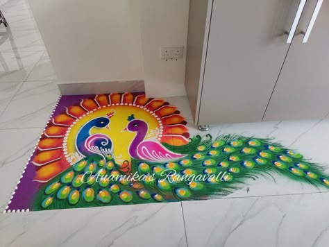 Rangoli Designs Diwali Side Wall, Big Peacock Rangoli Designs, Scenary Rangoli Designs, Rangoli Designs Peacock Diwali, Diwali Theme Rangoli, Pecock Model Rangoli, Peacock Rangoli Designs Diwali Latest, Big Rangoli Designs For Competition, Welcome Rangoli Design