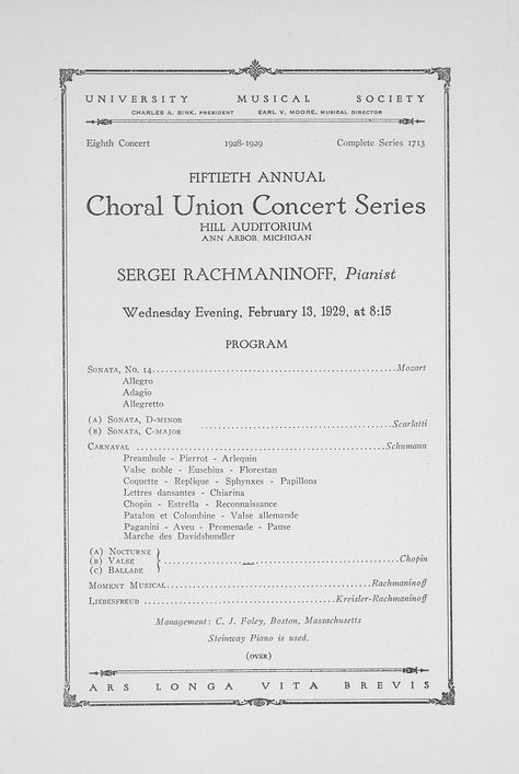 UMS Concert Program, February 13, 1929: Fiftieth Annual Choral Union Concert Series -- Sergei Rachmaninoff | University Musical Society History Concert Program Design Layout, Music Program Design, Concert Program Design, Sergei Rachmaninoff, D Minor, Hand Bells, Concert Series, February 13, Composers